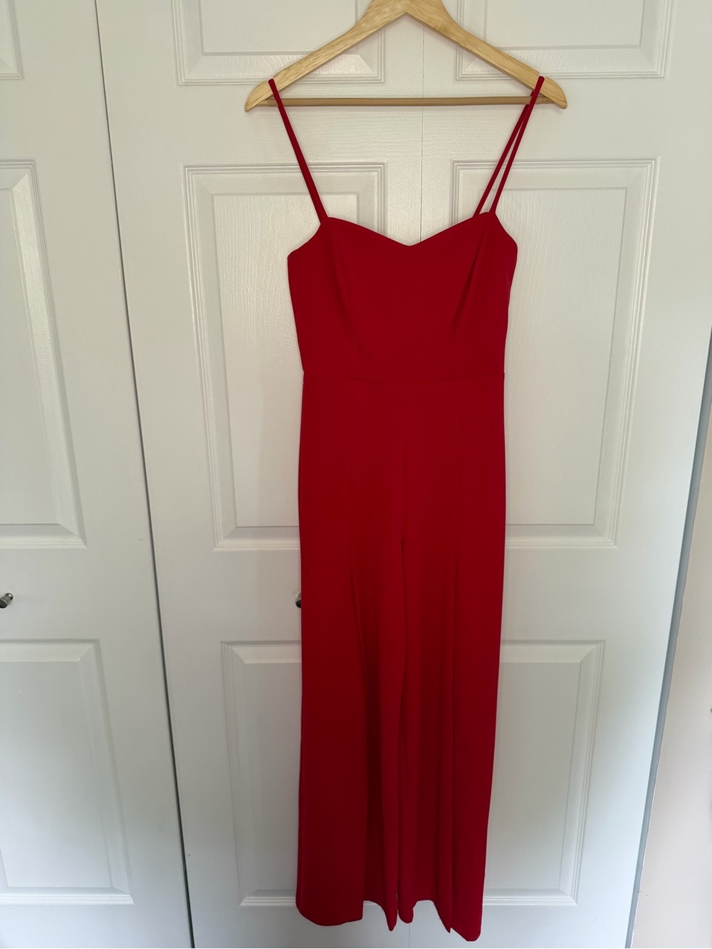 Bebe Red Spaghetti Strap Jumpsuit Front Wide Leg Slit Womens Size Small